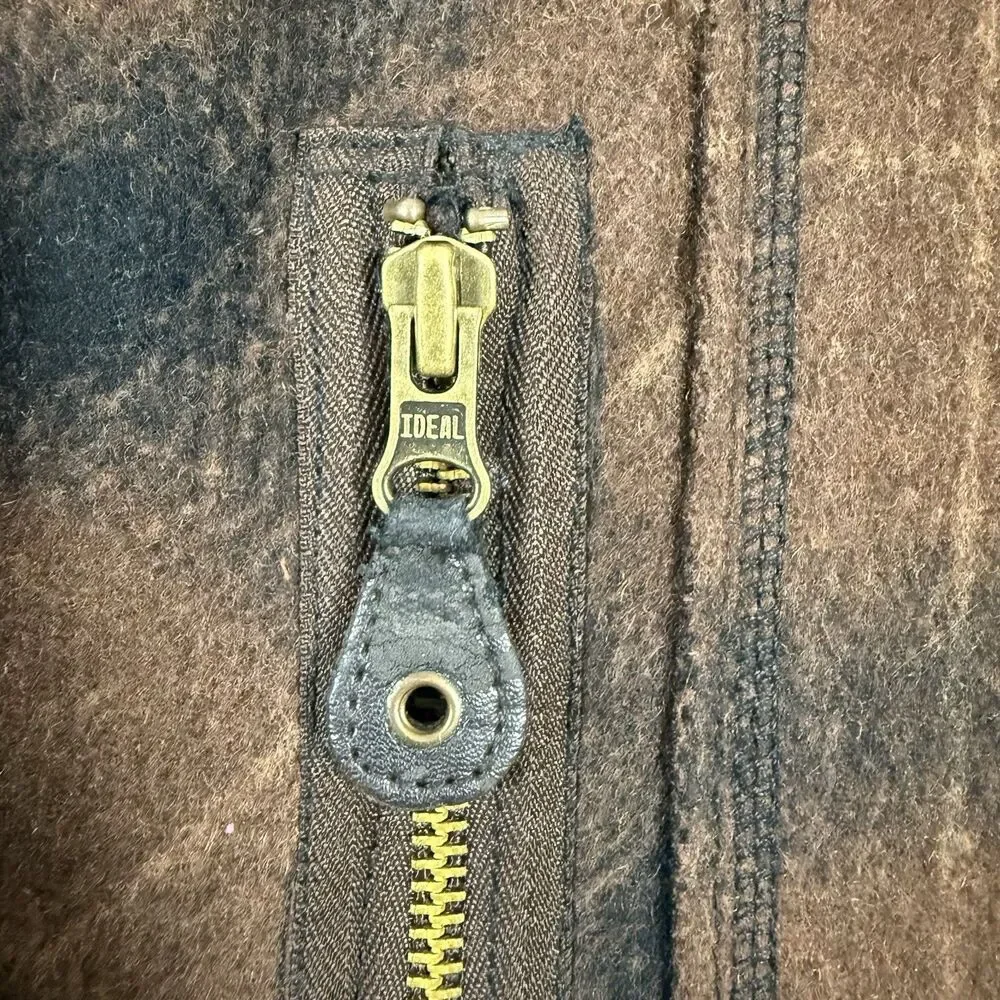 Ruff Hewn Full Zip Jacket Wool Blend Elbow Patch Womens L Brown Plaid Zip Pocket - Picture 7 of 13